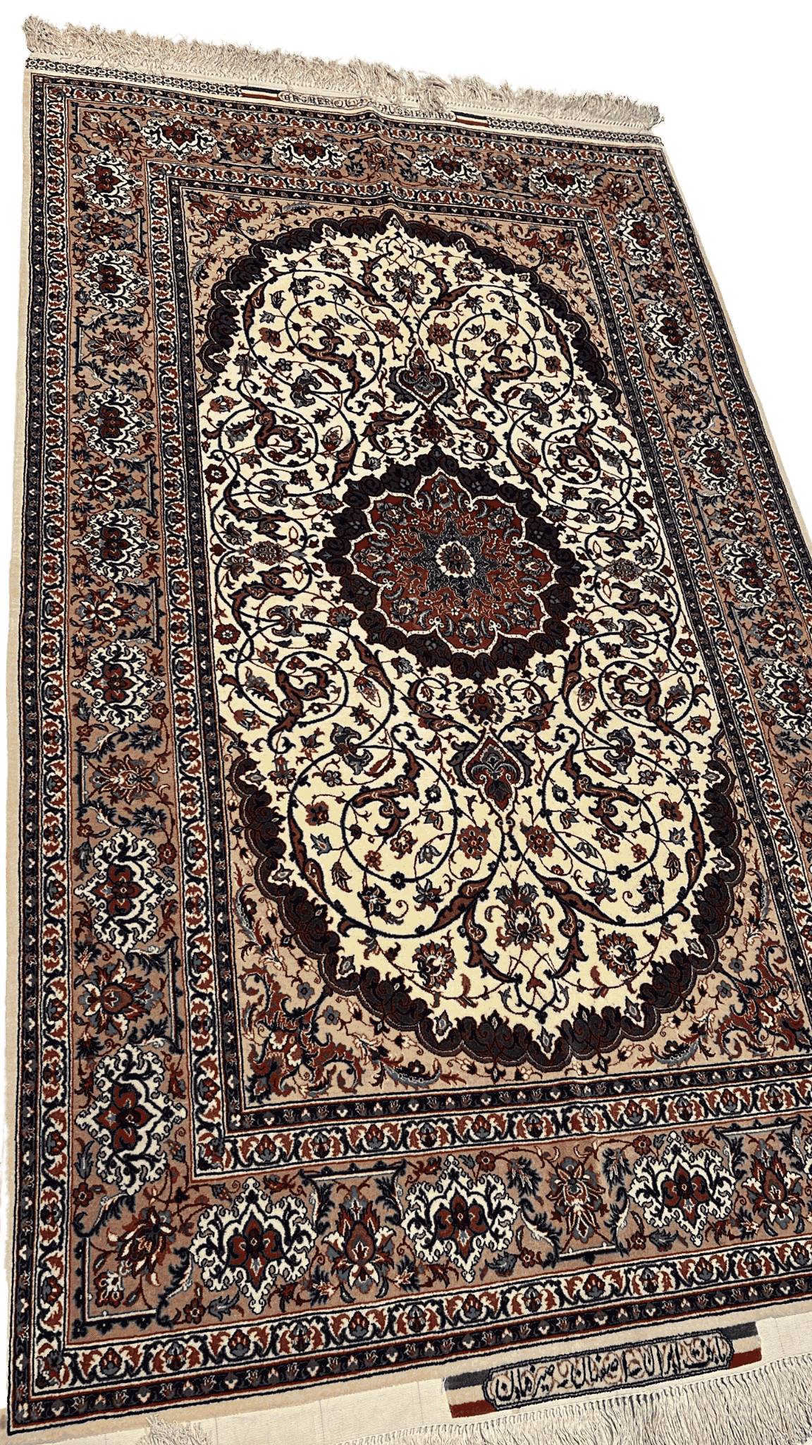 "Angled view of a mastercrafted Seirafian carpet from Isfahan, featuring luxury materials like silk and wool with detailed medallion patterns."